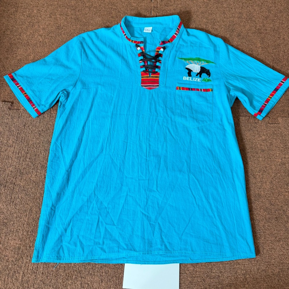 Belize Souvenir Shirt Mens Large Turquoise Lace Up Embroidered Tapir Boho Top A+